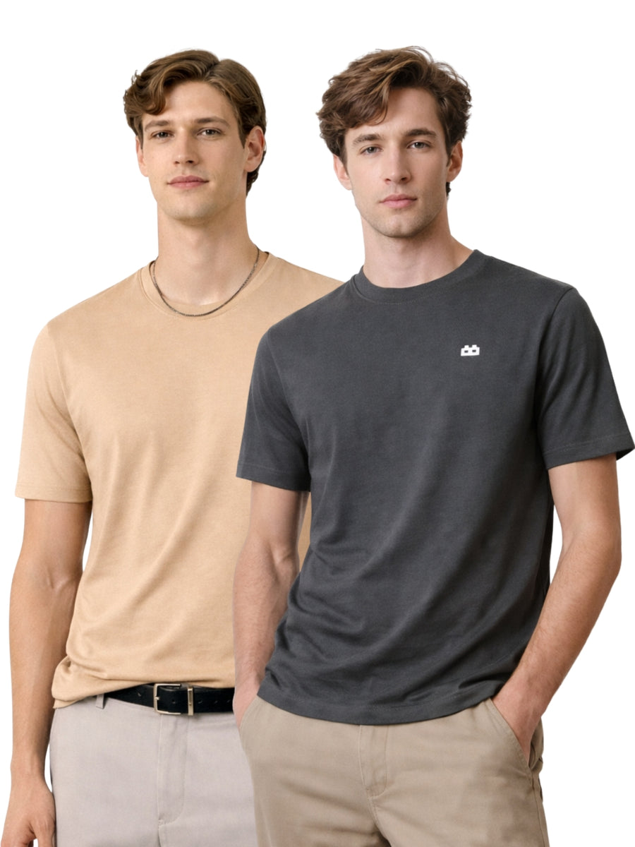 Boxy Crew Men 100% Cotton Regular Fit Round Neck Half Sleeve Solid Casual T-Shirt Combo Pack of 2 | Beige + Charcoal Grey front studio view