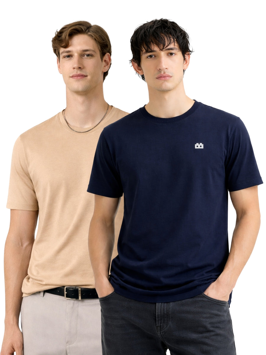 Boxy Crew Men 100% Cotton Regular Fit Round Neck Half Sleeve Solid Casual T-Shirt Combo Pack of 2 | Beige + Navy Blue front studio view
