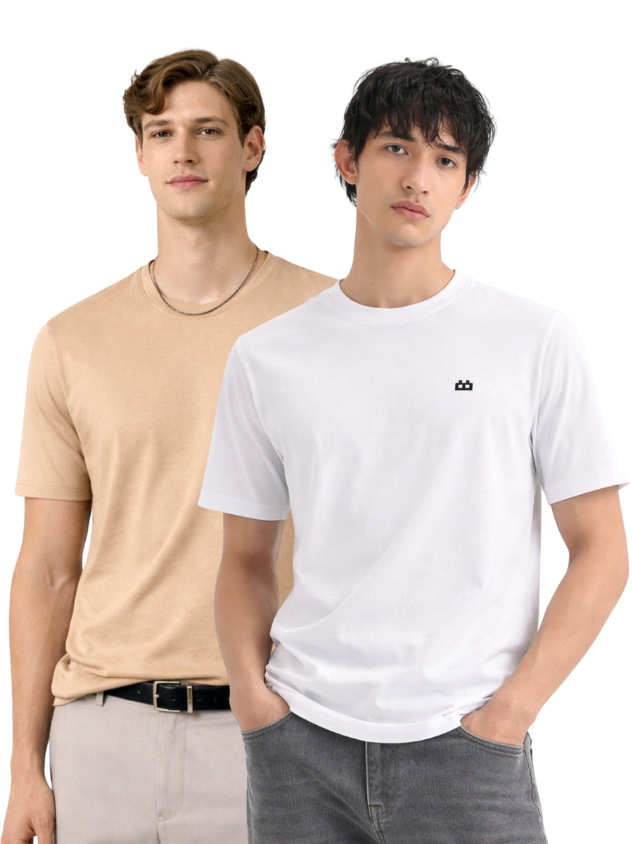 Boxy Crew Men 100% Cotton Regular Fit Round Neck Half Sleeve Solid Casual T-Shirt Combo Pack of 2 | Beige + White front studio view