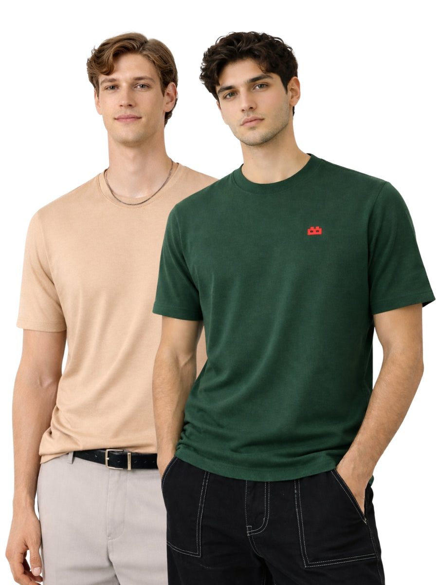 Boxy Crew Men 100% Cotton Regular Fit Round Neck Half Sleeve Solid Casual T-Shirt Combo Pack of 2 | Beige + Green front studio view