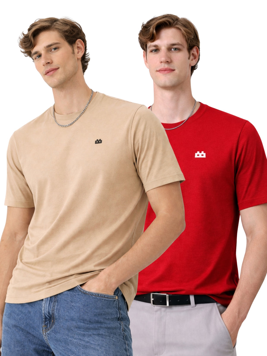 Boxy Crew Men 100% Cotton Regular Fit Round Neck Half Sleeve Solid Casual T-Shirt Combo Pack of 2 | Beige + Maroon front studio view
