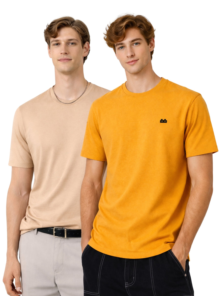 Boxy Crew Men 100% Cotton Regular Fit Round Neck Half Sleeve Solid Casual T-Shirt Combo Pack of 2 | Beige + Mustard front studio view