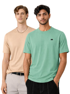 Boxy Crew Men 100% Cotton Regular Fit Round Neck Half Sleeve Solid Casual T-Shirt Combo Pack of 2 | Beige + Pista Green front studio view