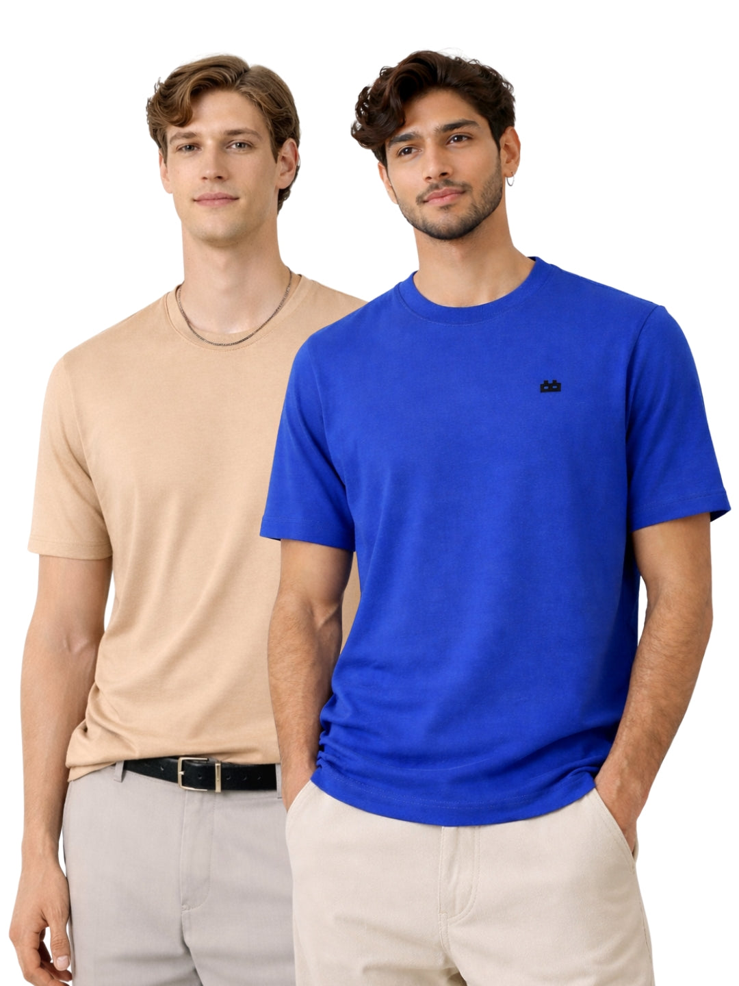 Boxy Crew Men 100% Cotton Regular Fit Round Neck Half Sleeve Solid Casual T-Shirt Combo Pack of 2 | Beige + Royal Blue front studio view