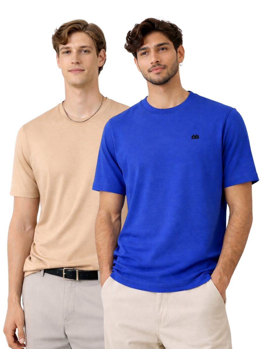 Boxy Crew Men 100% Cotton Regular Fit Round Neck Half Sleeve Solid Casual T-Shirt Combo Pack of 2 | Beige + Royal Blue front studio view