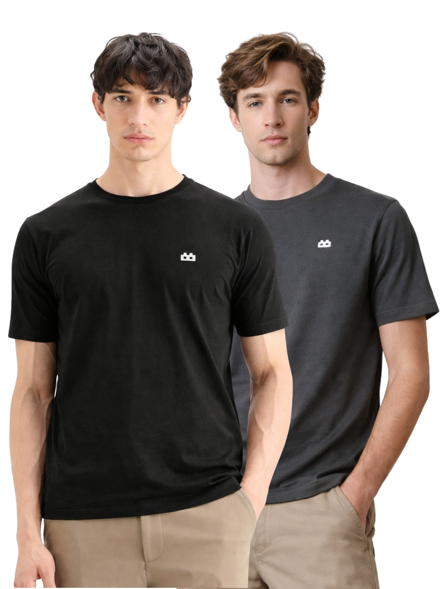 Boxy Crew Men 100% Cotton Regular Fit Round Neck Half Sleeve Solid Casual T-Shirt Combo Pack of 2 | Black + Charcoal Grey front studio view