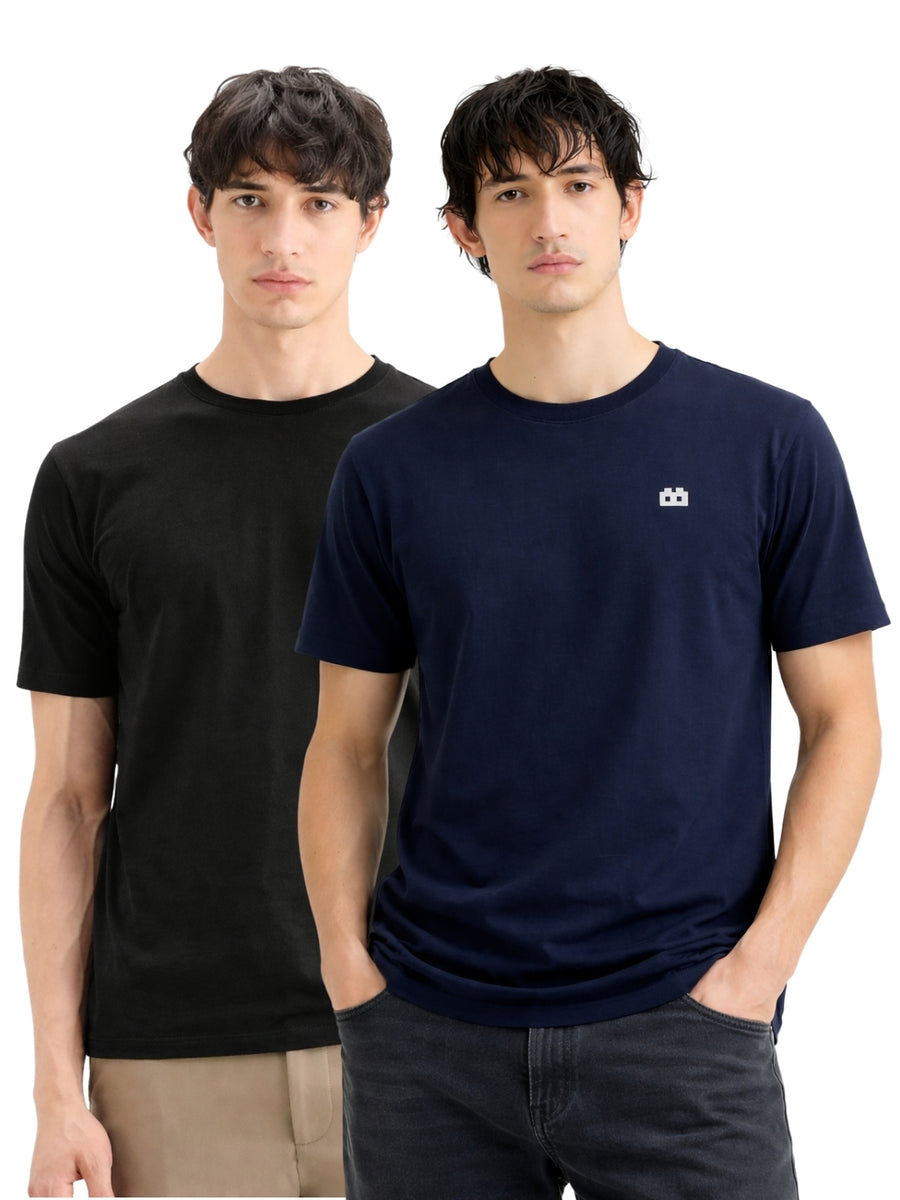 Boxy Crew Men 100% Cotton Regular Fit Round Neck Half Sleeve Solid Casual T-Shirt Combo Pack of 2 | Black + Navy Blue front studio view