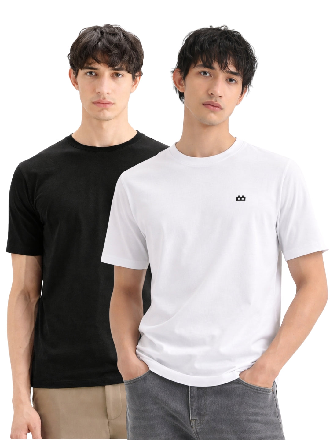 Boxy Crew Men 100% Cotton Regular Fit Round Neck Half Sleeve Solid Casual T-Shirt Combo Pack of 2 | Black + White front studio view