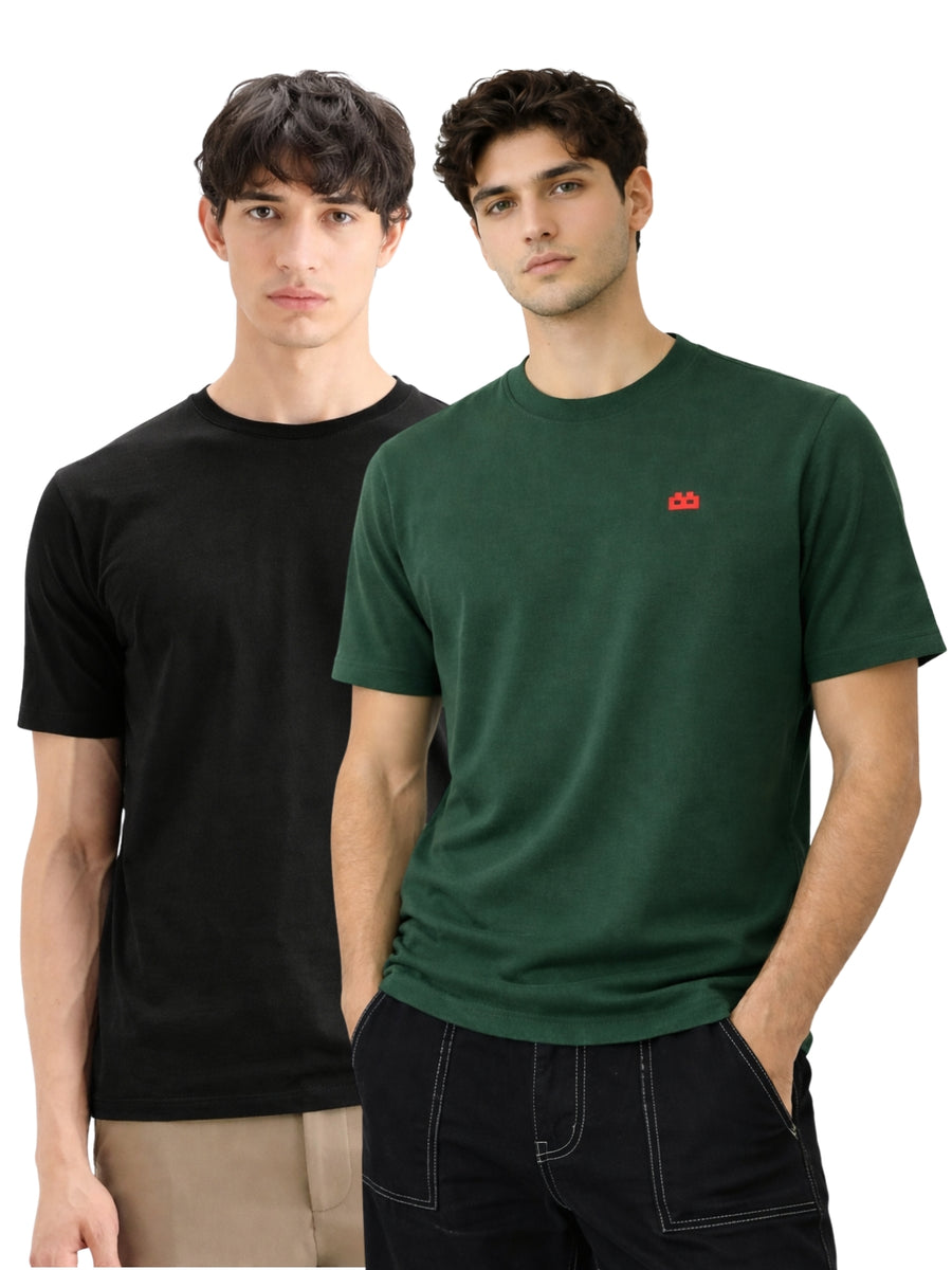 Boxy Crew Men 100% Cotton Regular Fit Round Neck Half Sleeve Solid Casual T-Shirt Combo Pack of 2 | Black + Green front studio view