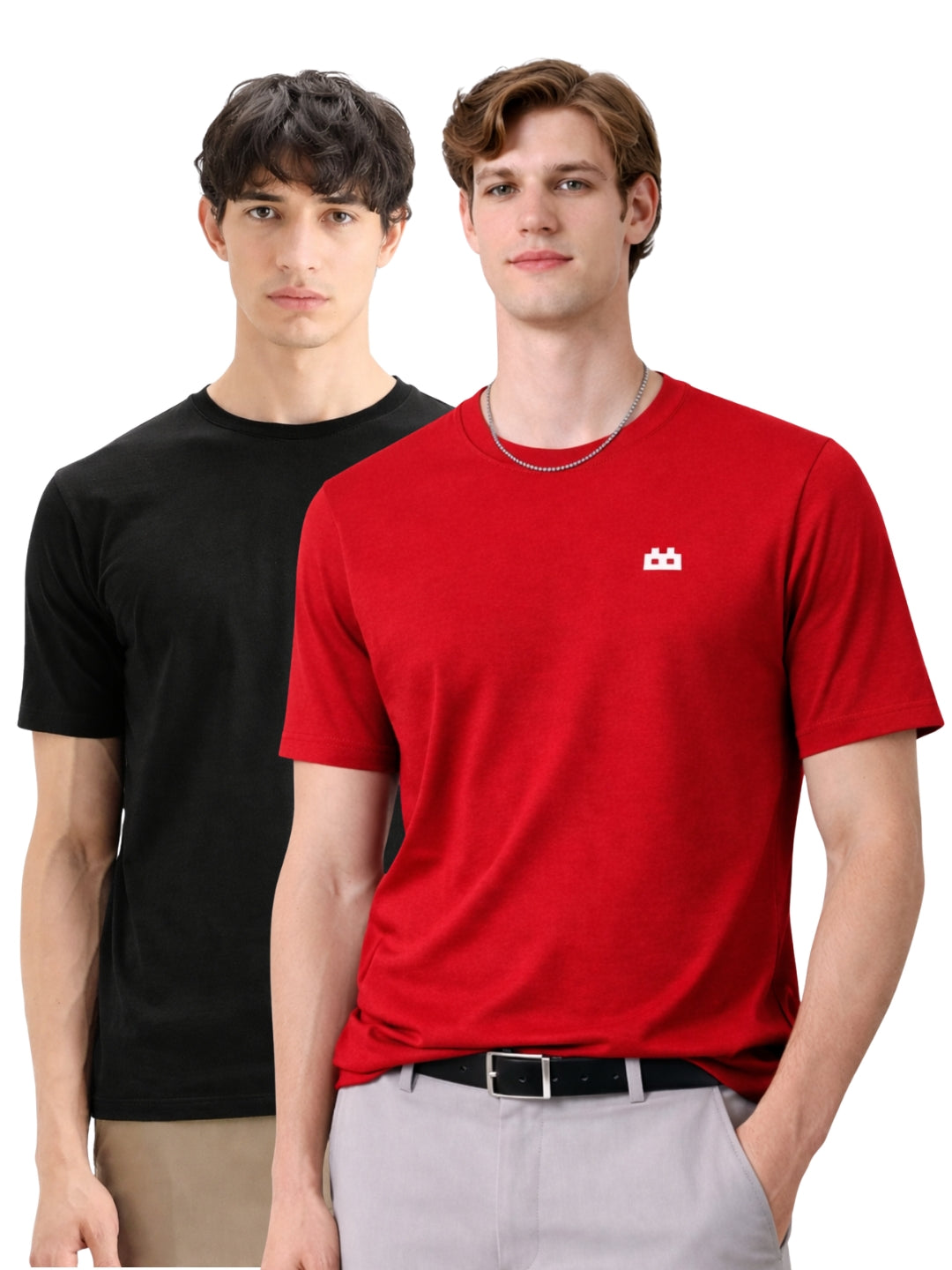 Boxy Crew Men 100% Cotton Regular Fit Round Neck Half Sleeve Solid Casual T-Shirt Combo Pack of 2 | Black + Maroon front studio view