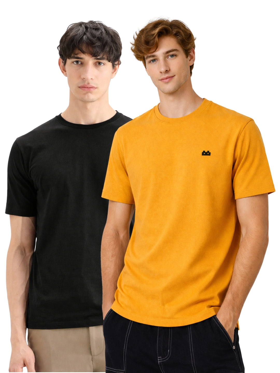 Boxy Crew Men 100% Cotton Regular Fit Round Neck Half Sleeve Solid Casual T-Shirt Combo Pack of 2 | Black + Mustard front studio view