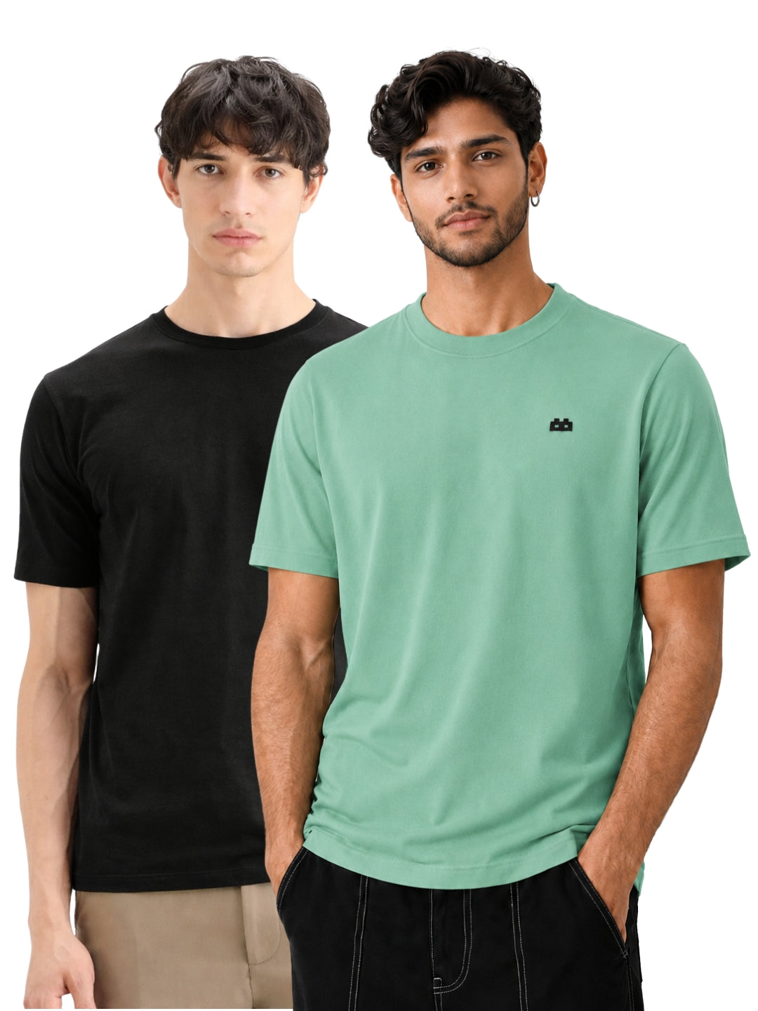Boxy Crew Men 100% Cotton Regular Fit Round Neck Half Sleeve Solid Casual T-Shirt Combo Pack of 2 | Black + Pista Green front studio view