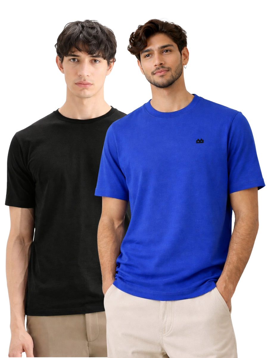 Boxy Crew Men 100% Cotton Regular Fit Round Neck Half Sleeve Solid Casual T-Shirt Combo Pack of 2 | Black + Royal Blue front studio view
