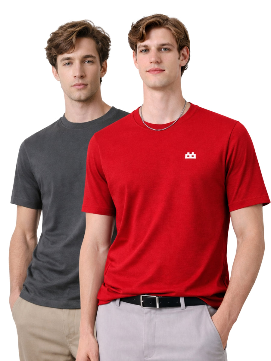Boxy Crew Men 100% Cotton Regular Fit Round Neck Half Sleeve Solid Casual T-Shirt Combo Pack of 2 | Charcoal Grey + Maroon front studio view