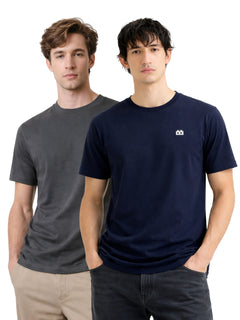 Boxy Crew Men 100% Cotton Regular Fit Round Neck Half Sleeve Solid Casual T-Shirt Combo Pack of 2 | Charcoal Grey + Navy Blue front studio view
