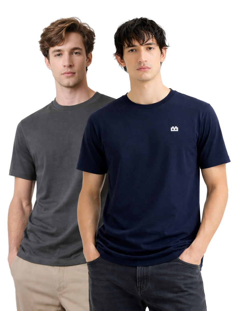 Boxy Crew Men 100% Cotton Regular Fit Round Neck Half Sleeve Solid Casual T-Shirt Combo Pack of 2 | Charcoal Grey + Navy Blue front studio view
