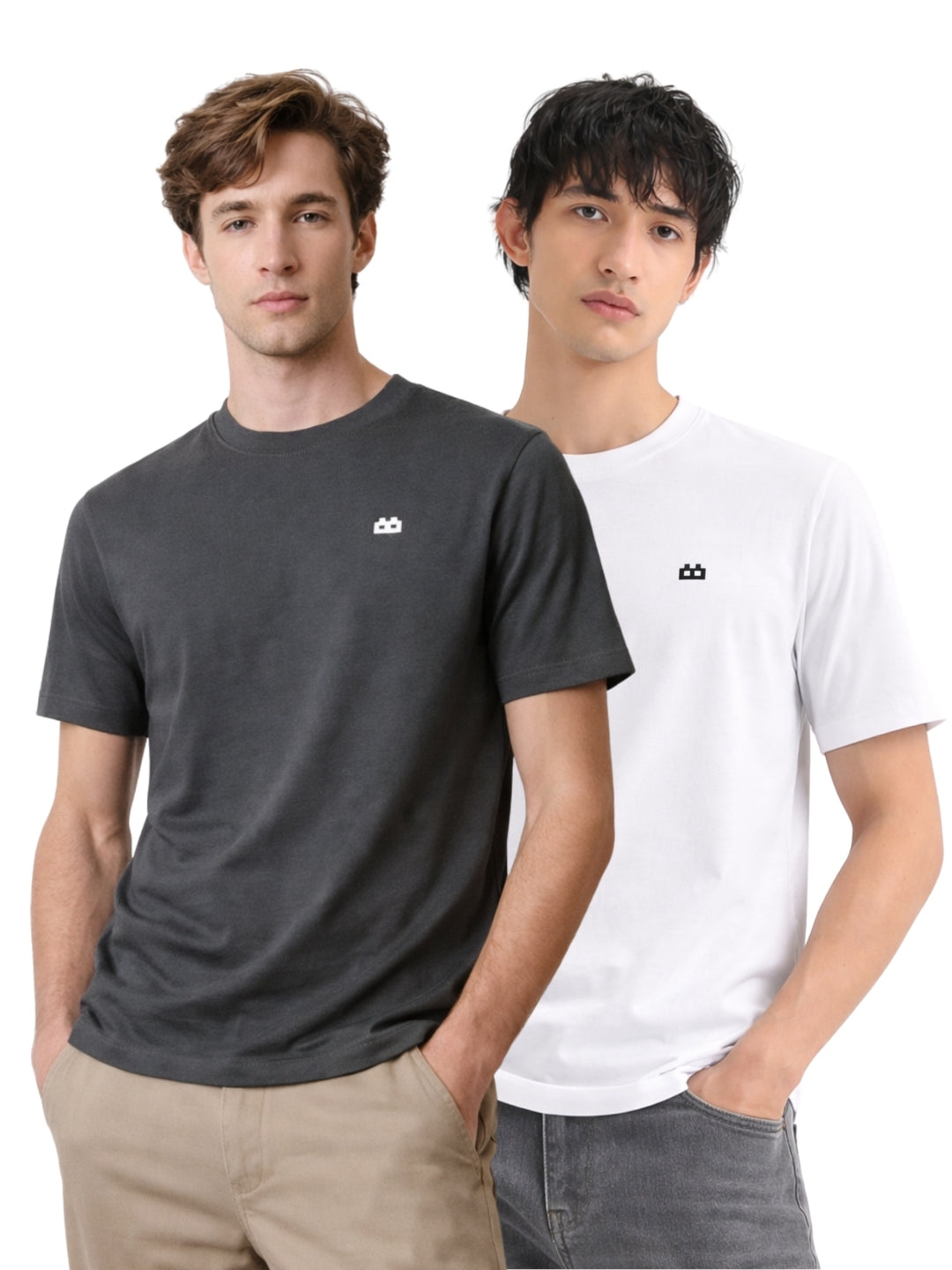 Boxy Crew Men 100% Cotton Regular Fit Round Neck Half Sleeve Solid Casual T-Shirt Combo Pack of 2 | Charcoal Grey + White front studio view