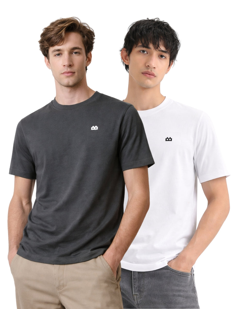 Boxy Crew Men 100% Cotton Regular Fit Round Neck Half Sleeve Solid Casual T-Shirt Combo Pack of 2 | Charcoal Grey + White front studio view