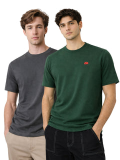 Boxy Crew Men 100% Cotton Regular Fit Round Neck Half Sleeve Solid Casual T-Shirt Combo Pack of 2 | Charcoal Grey + Green front studio view