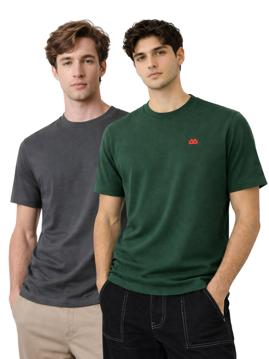 Boxy Crew Men 100% Cotton Regular Fit Round Neck Half Sleeve Solid Casual T-Shirt Combo Pack of 2 | Charcoal Grey + Green front studio view