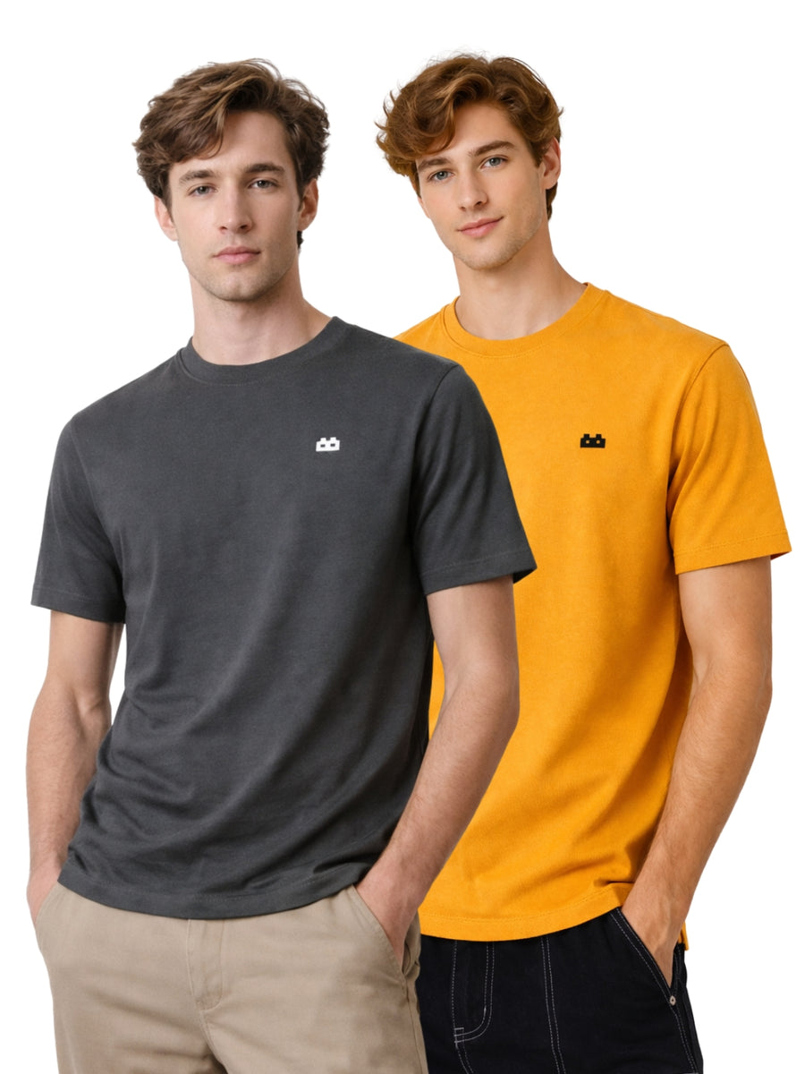 Boxy Crew Men 100% Cotton Regular Fit Round Neck Half Sleeve Solid Casual T-Shirt Combo Pack of 2 | Charcoal Grey + Mustard front studio view