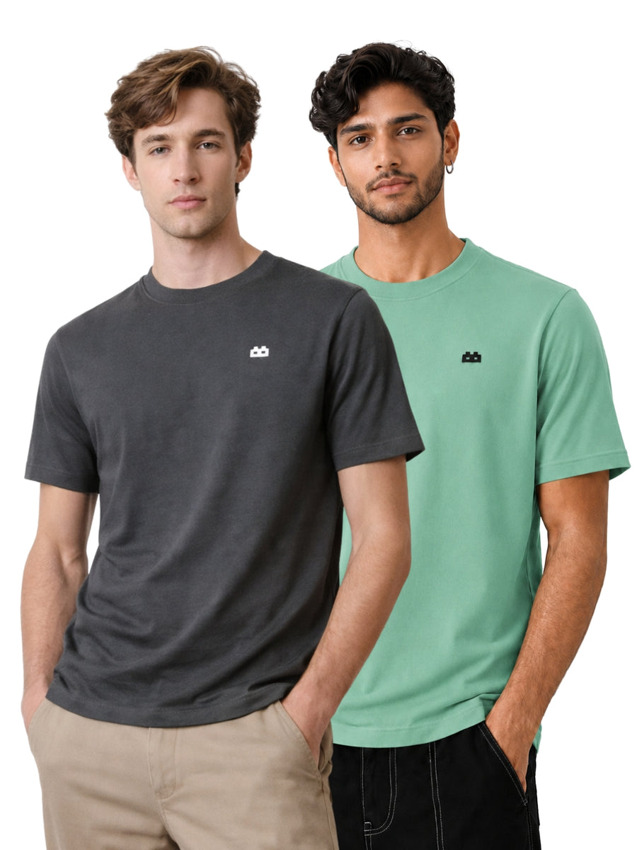 Boxy Crew Men 100% Cotton Regular Fit Round Neck Half Sleeve Solid Casual T-Shirt Combo Pack of 2 | Charcoal Grey + Pista Green front studio view