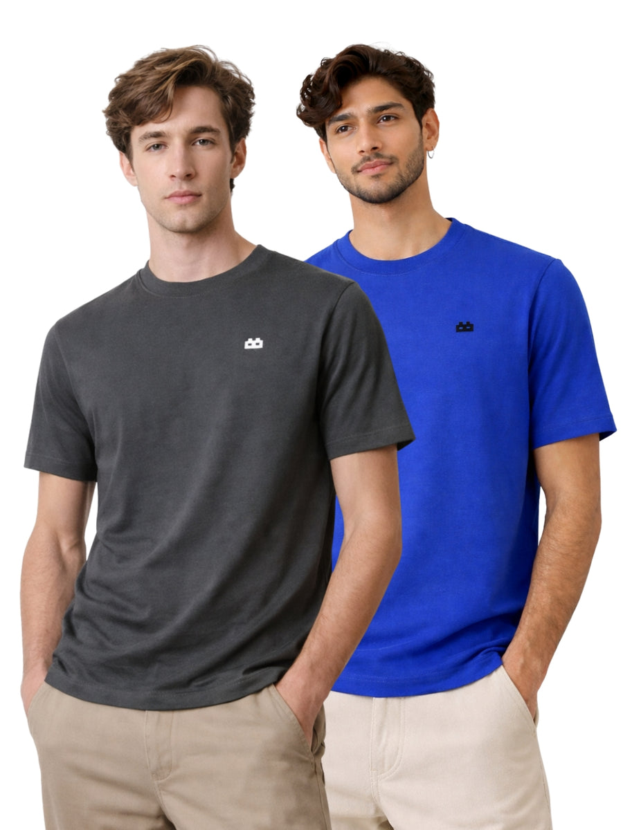Boxy Crew Men 100% Cotton Regular Fit Round Neck Half Sleeve Solid Casual T-Shirt Combo Pack of 2 | Charcoal Grey + Royal Blue front studio view