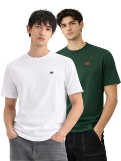Boxy Crew Men 100% Cotton Regular Fit Round Neck Half Sleeve Solid Casual T-Shirt Combo Pack of 2 | White + Green front studio view