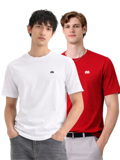 Boxy Crew Men 100% Cotton Regular Fit Round Neck Half Sleeve Solid Casual T-Shirt Combo Pack of 2 | White + Maroon front studio view