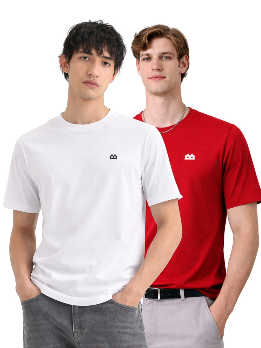 Boxy Crew Men 100% Cotton Regular Fit Round Neck Half Sleeve Solid Casual T-Shirt Combo Pack of 2 | White + Maroon front studio view