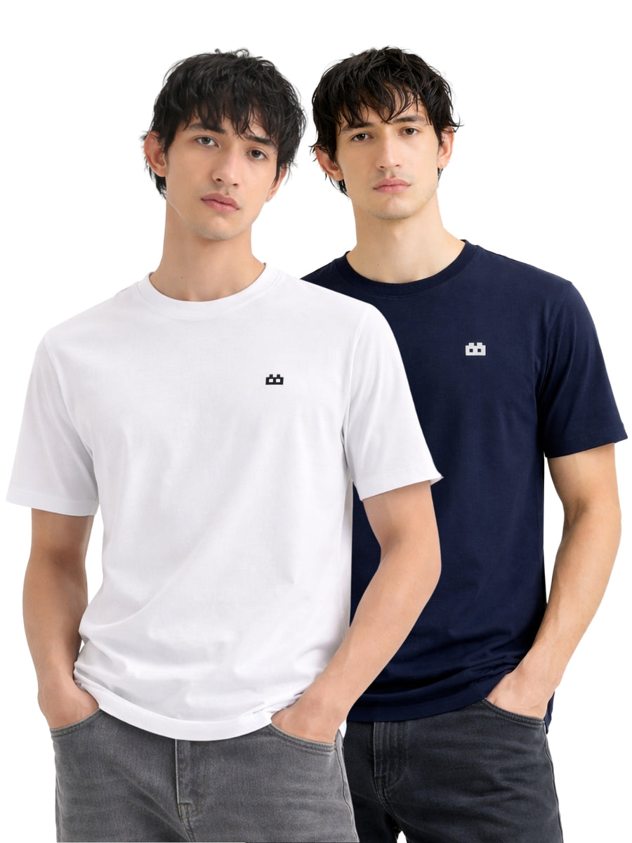 Boxy Crew Men 100% Cotton Regular Fit Round Neck Half Sleeve Solid Casual T-Shirt Combo Pack of 2 | White + Navy Blue front studio view