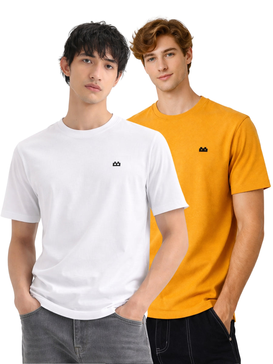 Boxy Crew Men 100% Cotton Regular Fit Round Neck Half Sleeve Solid Casual T-Shirt Combo Pack of 2 | White + Mustard front studio view