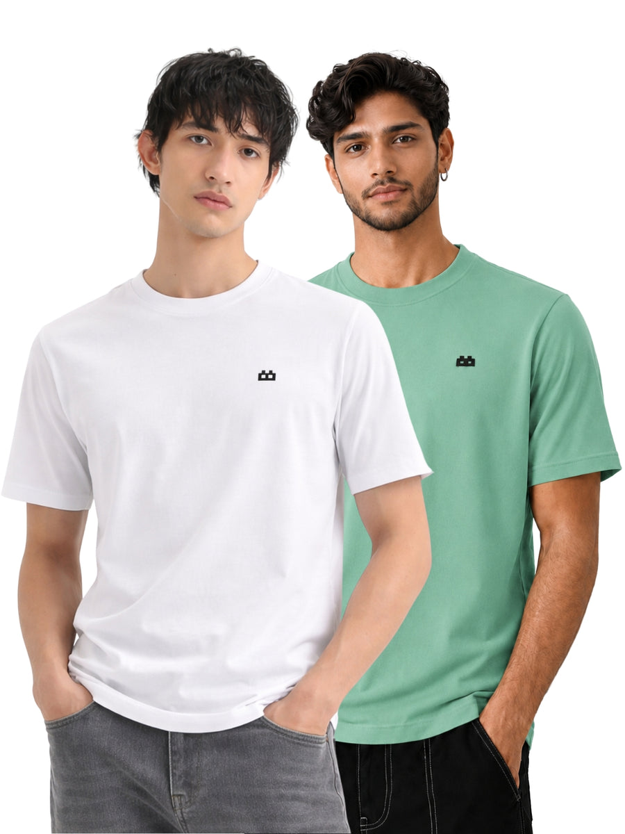 Boxy Crew Men 100% Cotton Regular Fit Round Neck Half Sleeve Solid Casual T-Shirt Combo Pack of 2 | White + Pista Green front studio view