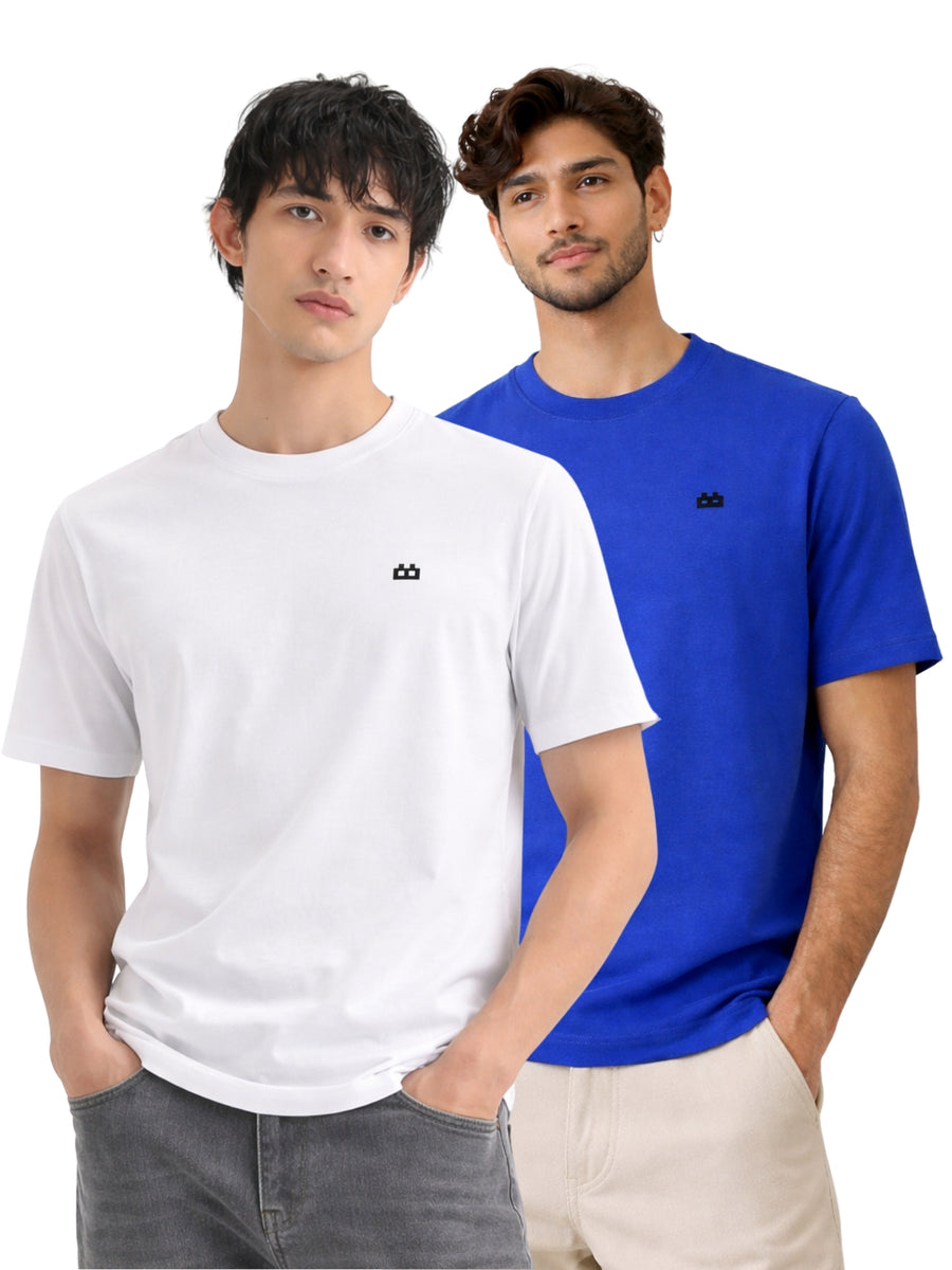 Boxy Crew Men 100% Cotton Regular Fit Round Neck Half Sleeve Solid Casual T-Shirt Combo Pack of 2 | White + Royal Blue front studio view