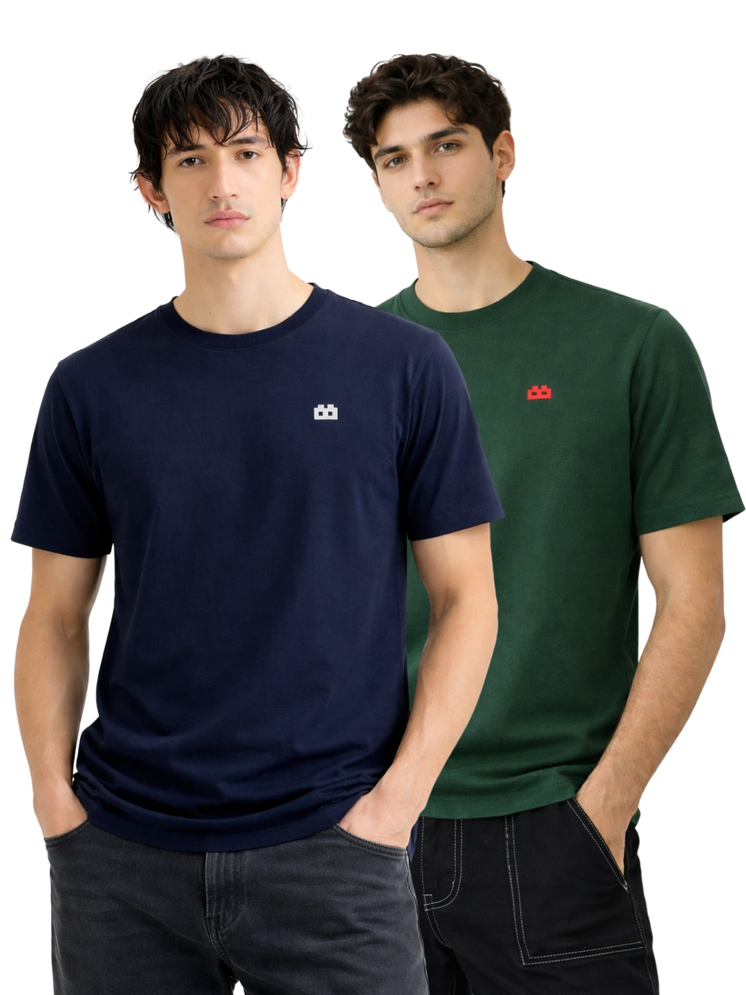 Boxy Crew Men 100% Cotton Regular Fit Round Neck Half Sleeve Solid Casual T-Shirt Combo Pack of 2 | Navy Blue + Green front studio view