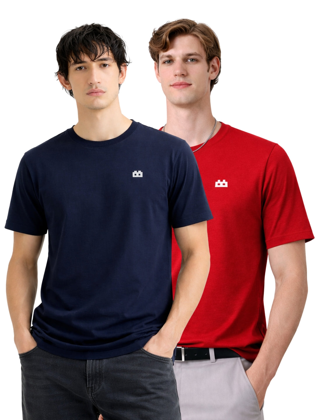 Boxy Crew Men 100% Cotton Regular Fit Round Neck Half Sleeve Solid Casual T-Shirt Combo Pack of 2 | Navy Blue + Maroon front studio view