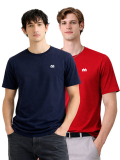 Boxy Crew Men 100% Cotton Regular Fit Round Neck Half Sleeve Solid Casual T-Shirt Combo Pack of 2 | Navy Blue + Maroon front studio view