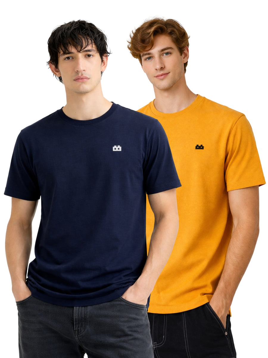Boxy Crew Men 100% Cotton Regular Fit Round Neck Half Sleeve Solid Casual T-Shirt Combo Pack of 2 | Navy Blue + Mustard front studio view