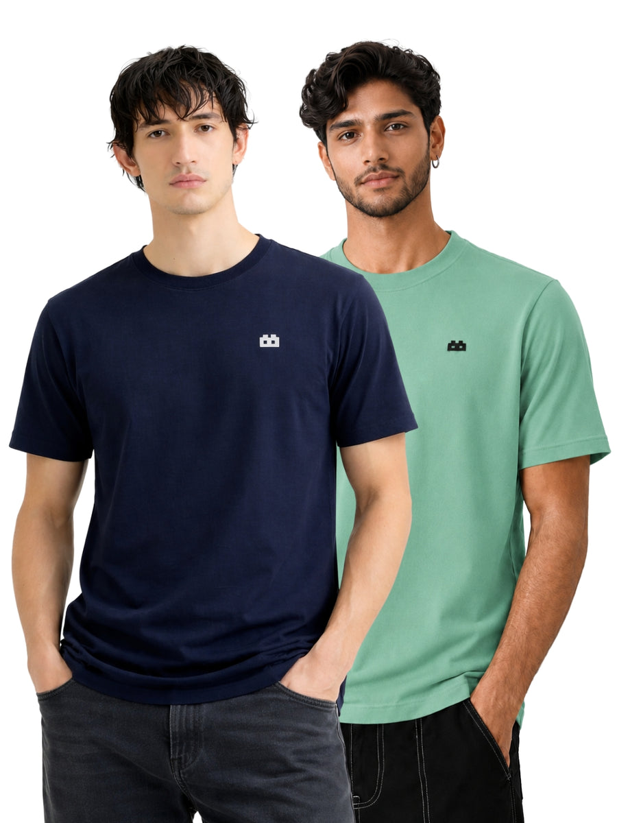 Boxy Crew Men 100% Cotton Regular Fit Round Neck Half Sleeve Solid Casual T-Shirt Combo Pack of 2 | Navy Blue + Pista Green front studio view