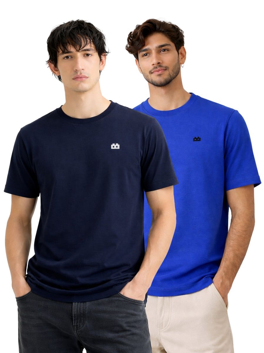 Boxy Crew Men 100% Cotton Regular Fit Round Neck Half Sleeve Solid Casual T-Shirt Combo Pack of 2 | Navy Blue + Royal Blue front studio view