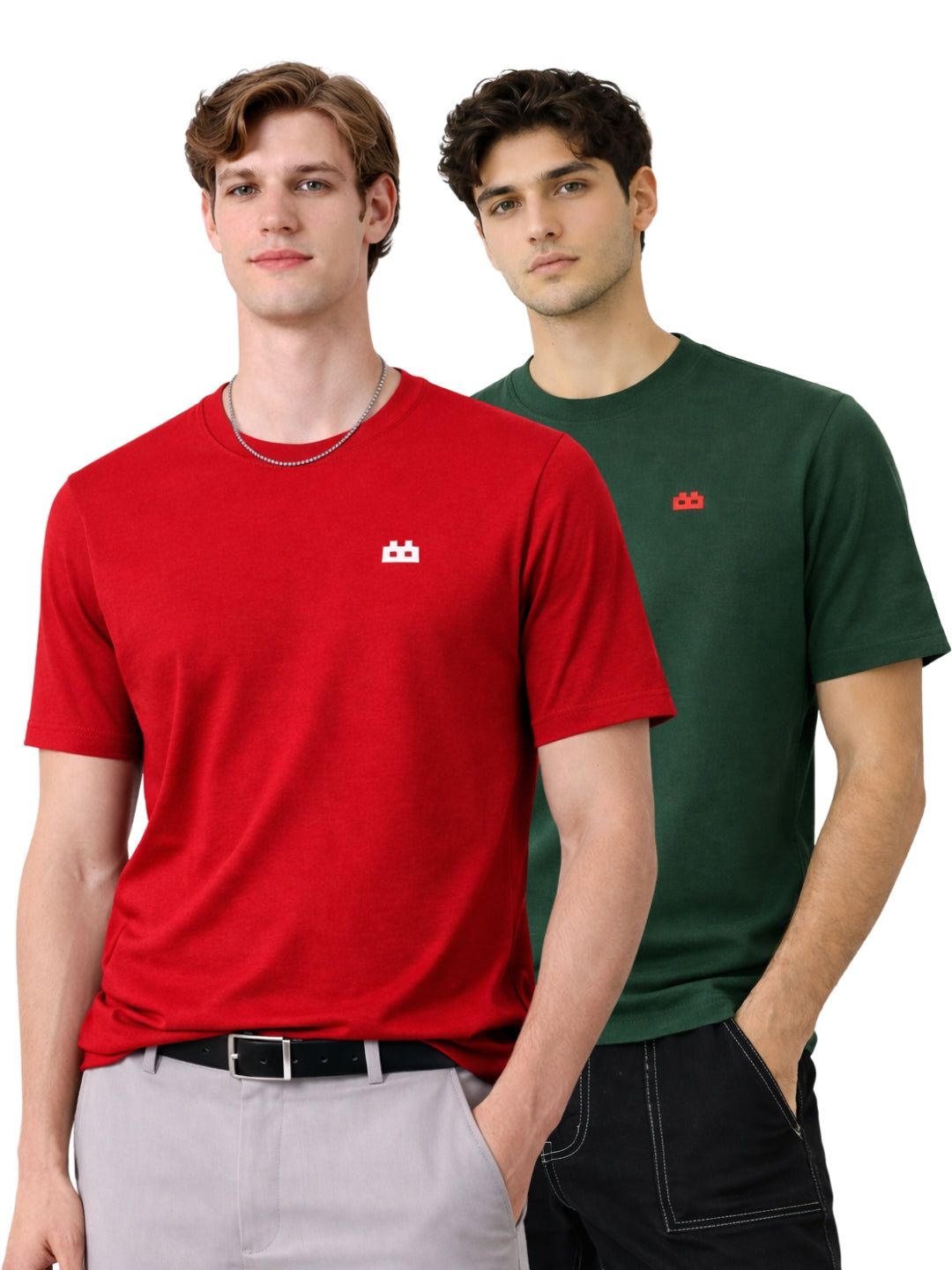 Boxy Crew Men 100% Cotton Regular Fit Round Neck Half Sleeve Solid Casual T-Shirt Combo Pack of 2 | Maroon + Green front studio view