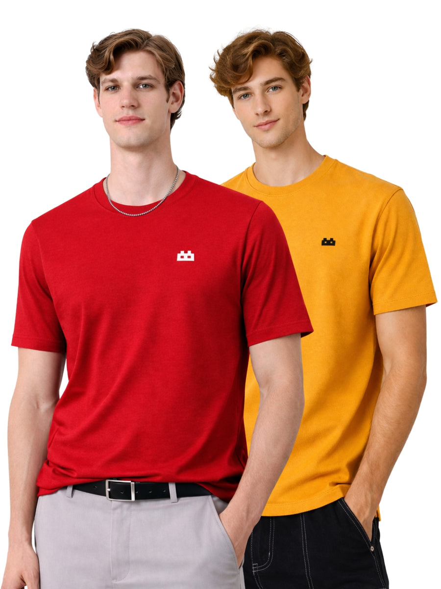 Boxy Crew Men 100% Cotton Regular Fit Round Neck Half Sleeve Solid Casual T-Shirt Combo Pack of 2 | Maroon + Mustard front studio view