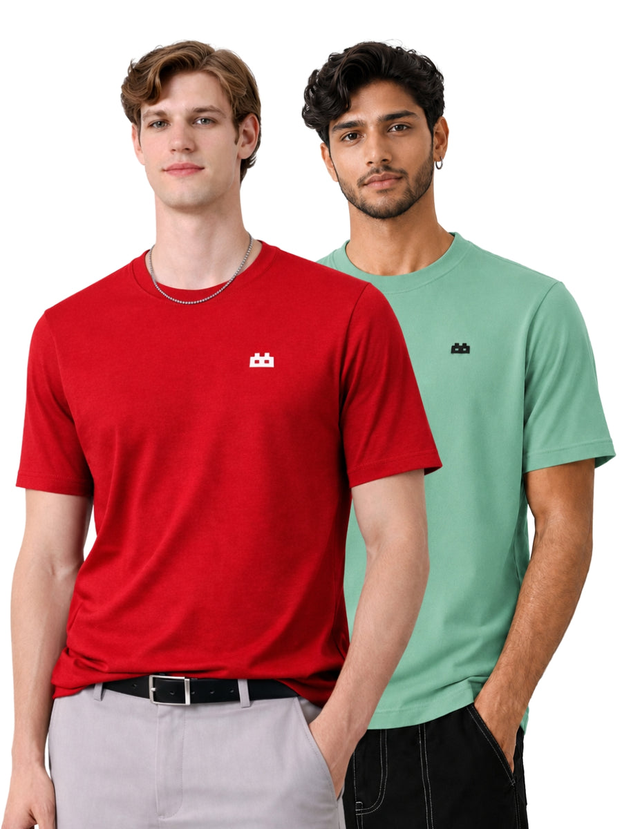 Boxy Crew Men 100% Cotton Regular Fit Round Neck Half Sleeve Solid Casual T-Shirt Combo Pack of 2 | Maroon + Pista Green front studio view