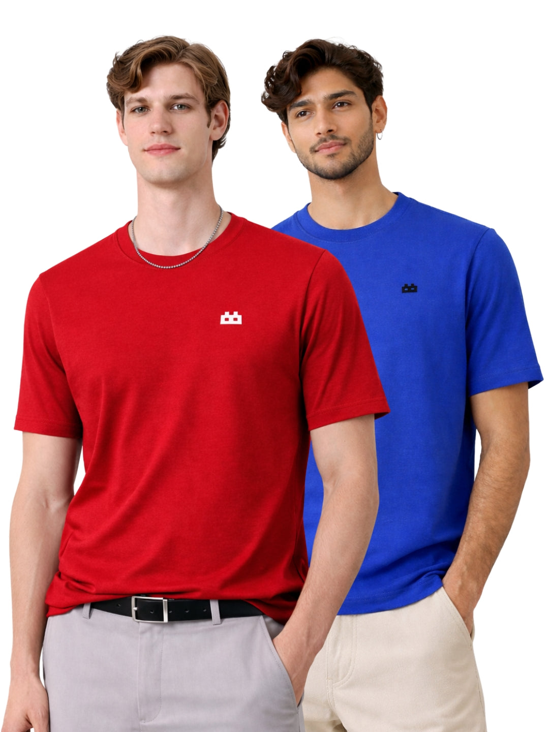Boxy Crew Men 100% Cotton Regular Fit Round Neck Half Sleeve Solid Casual T-Shirt Combo Pack of 2 | Maroon + Royal Blue front studio view