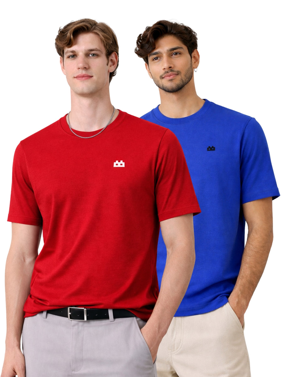 Boxy Crew Men 100% Cotton Regular Fit Round Neck Half Sleeve Solid Casual T-Shirt Combo Pack of 2 | Maroon + Royal Blue front studio view