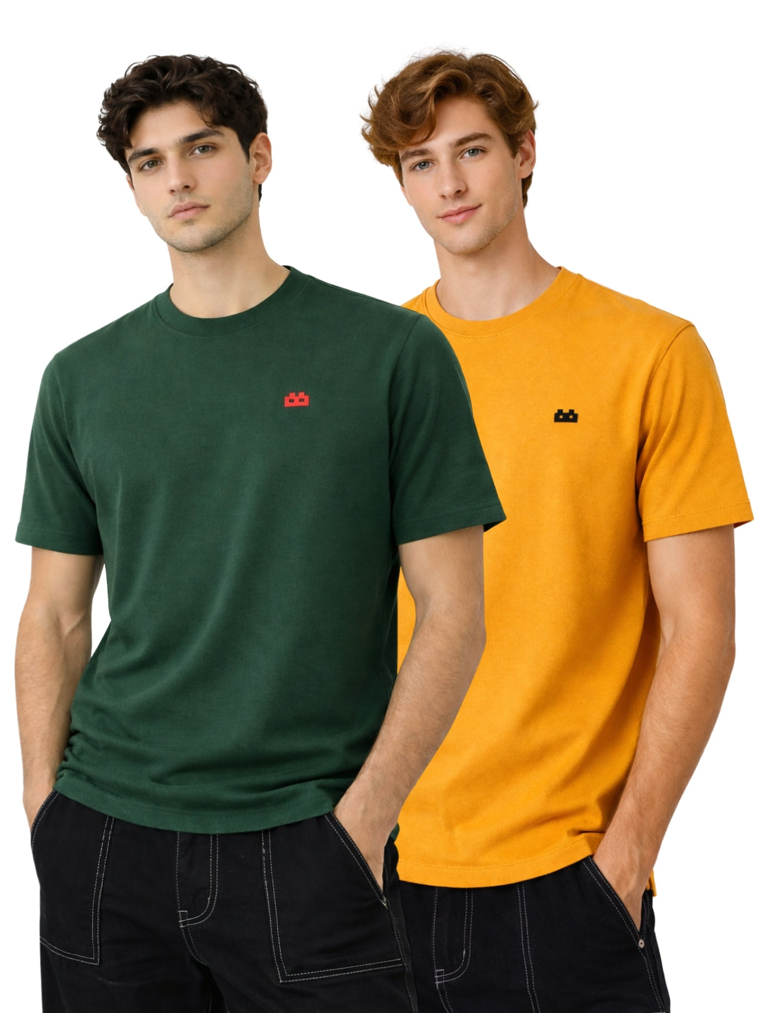 Boxy Crew Men 100% Cotton Regular Fit Round Neck Half Sleeve Solid Casual T-Shirt Combo Pack of 2 | Green + Mustard front studio view