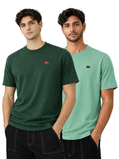 Boxy Crew Men 100% Cotton Regular Fit Round Neck Half Sleeve Solid Casual T-Shirt Combo Pack of 2 | Green + Pista Green front studio view