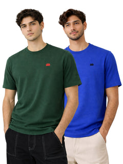 Boxy Crew Men 100% Cotton Regular Fit Round Neck Half Sleeve Solid Casual T-Shirt Combo Pack of 2 | Green + Royal Blue front studio view