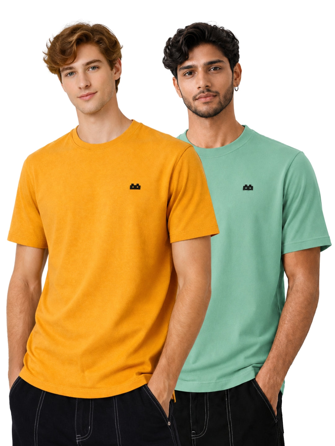Boxy Crew Men 100% Cotton Regular Fit Round Neck Half Sleeve Solid Casual T-Shirt Combo Pack of 2 | Mustard + Pista Green front studio view