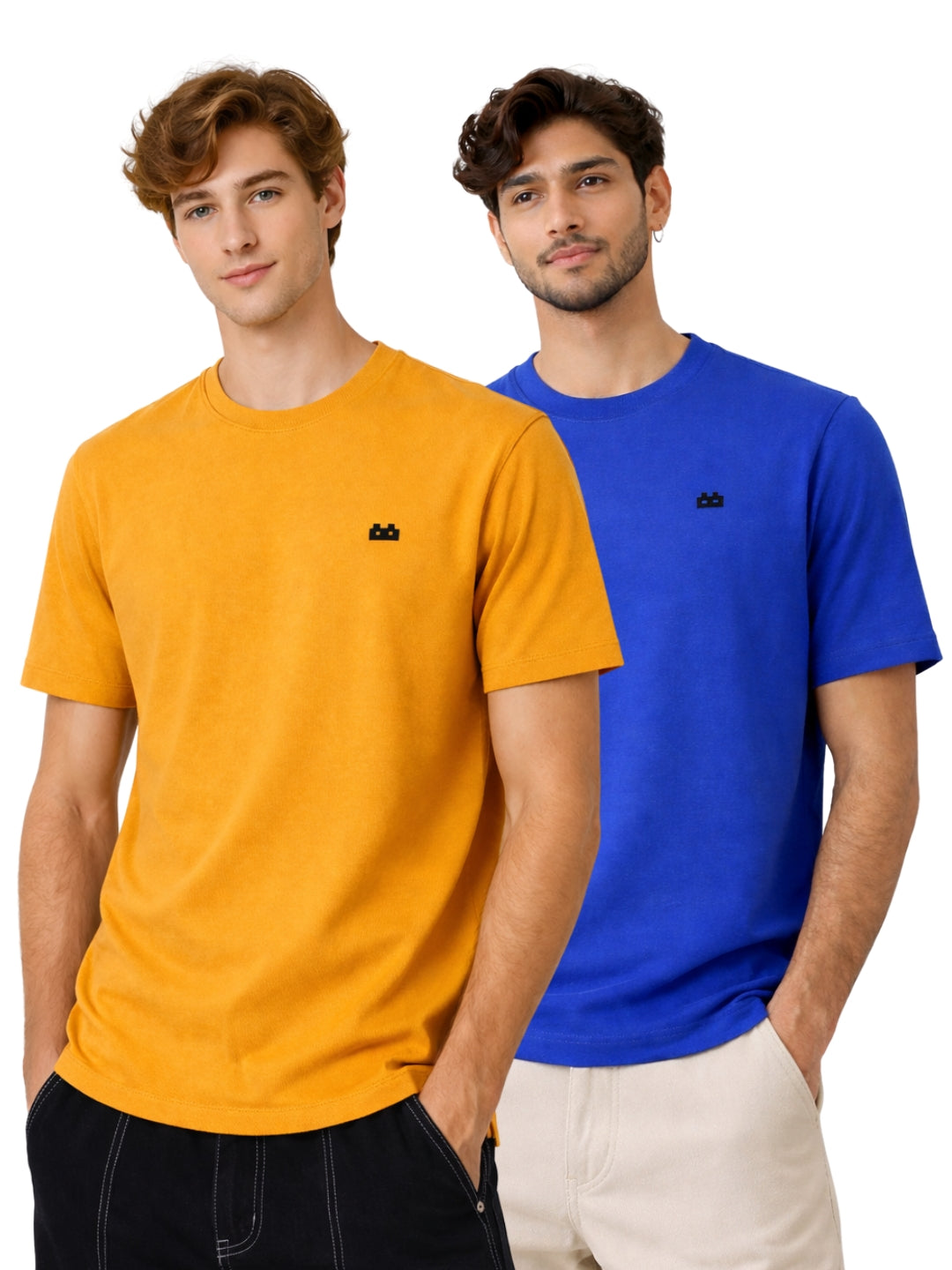 Boxy Crew Men 100% Cotton Regular Fit Round Neck Half Sleeve Solid Casual T-Shirt Combo Pack of 2 | Mustard + Royal Blue front studio view